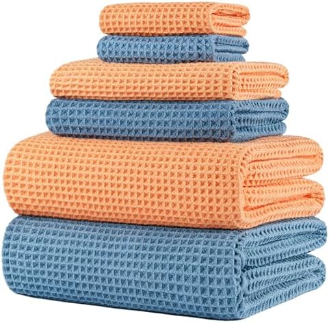 POLYTE 430 GSM Poly Blend Microfiber Quick Dry Waffle Bath Towel Set of 6
