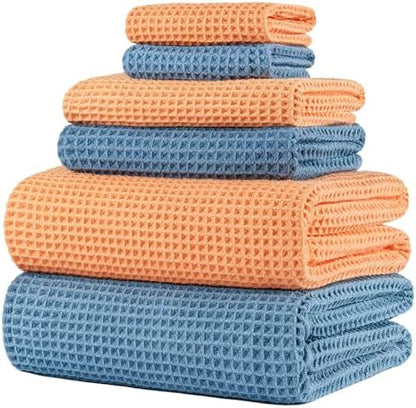 POLYTE 430 GSM Poly Blend Microfiber Quick Dry Waffle Bath Towel Set of 6
