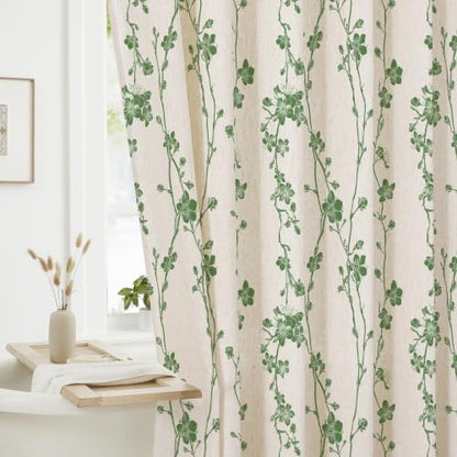Gibelle Green Farmhouse Linen Shower Curtain, Boho Floral Fabric, 72 x 84