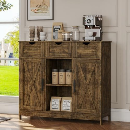 Viaozutis Storage Cabinet, Coffee Bar Cabinet with 2 Adjustable Shelves, 3 Drawers, and 2 Doors, for Bathroom, Kitchen, Living Room (Retro)