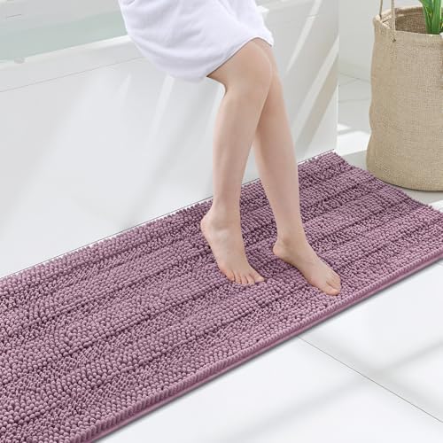 Grandaily Chenille Striped Bathroom Rugs 47x17, Extra Thick and Soft Absorbent Bath Mats, Rubber Backing, Plush Shaggy Shower Carpet, Machine Wash Dry, Bath Rug for Bathroom, Deep Plum