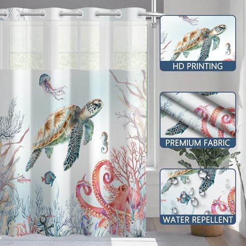 No Hook Shower Curtain with Snap-in Liner 71x74 Inch