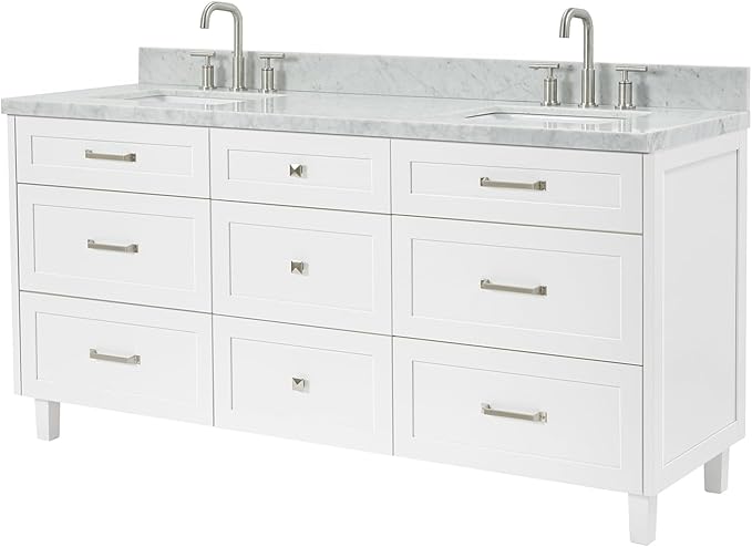 ARIEL Monroe 72-inch Bathroom Vanity with Sink,Solid Wood, 1.5-inch Italian Carrara Marble Countertop & Backsplash, Double Oval Porcelain Sink, 9 Dovetail Drawers, Brushed Nickel, White