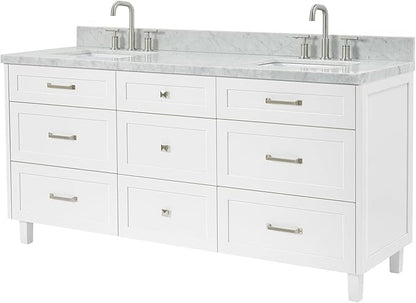 ARIEL Monroe 72-inch Bathroom Vanity with Sink,Solid Wood, 1.5-inch Italian Carrara Marble Countertop & Backsplash, Double Oval Porcelain Sink, 9 Dovetail Drawers, Brushed Nickel, White