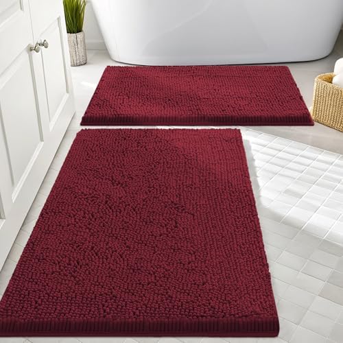 Smiry Chenille Bathroom Rugs Sets 2 Piece (30x20+24x16, Burgundy)