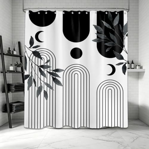 Mid Century Modern White and Black Shower Curtain Bohemian MCM Black and White Shower Curtains for Mens Bathroom Decor, Boho Minimalist Pattern, Waterproof Cloth Fabric with Hooks 70x72 in