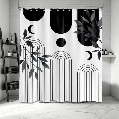 Mid Century Modern White and Black Shower Curtain Bohemian MCM Black and White Shower Curtains for Mens Bathroom Decor, Boho Minimalist Pattern, Waterproof Cloth Fabric with Hooks 70x72 in