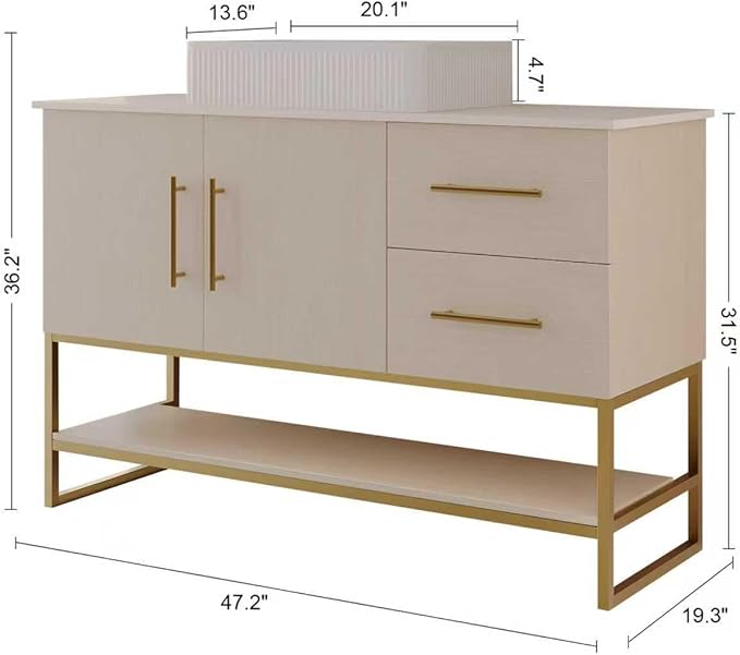 47.2 inch Modern Bathroom Vanity with Ceramic Vessel Sink, Gold Accent Freestanding Bathroom Cabinet with Wood Countertop, Soft Closing Cabinet, 2 Sliding Drawers & Open Storage Shelf, White Oak