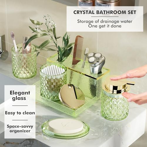 Green Bathroom Accessories Set - 20PCS Glass Bathroom Set with Shower Curtain and Rugs, Soap Dispenser, Soap Dish, Cup, Qtip Jar, Toothbrush Holder, Stylish & Functional Bath Decor for Home, Apartment