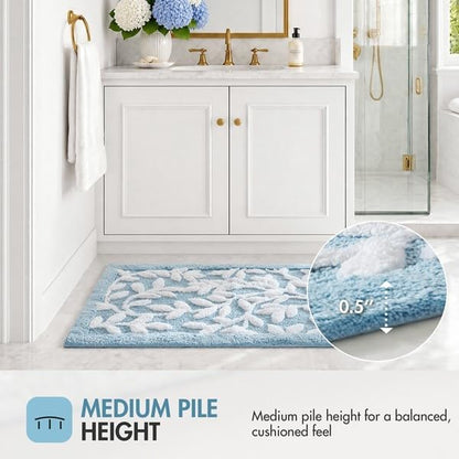 Madison Park Serene Tufted Bath Rug Cotton Absorbent, Round, Blue | Quick Dry, Soft Pile, Machine Washable, Floral Pattern, Plush, OEKO-TEX Certified