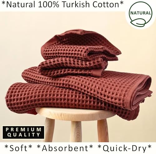 PÜSKÜL Natural 100% Turkish Cotton Waffle Towels Set of 4-Piece, Brick-Red