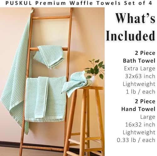 PÜSKÜL Natural 100% Turkish Cotton Waffle Towels Set of 4-Piece, Ice Green