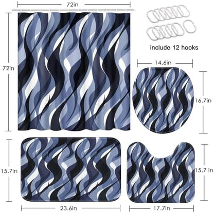 Bathroom Sets with Shower Curtain and Rugs, 4 Pcs, Geometric Blue