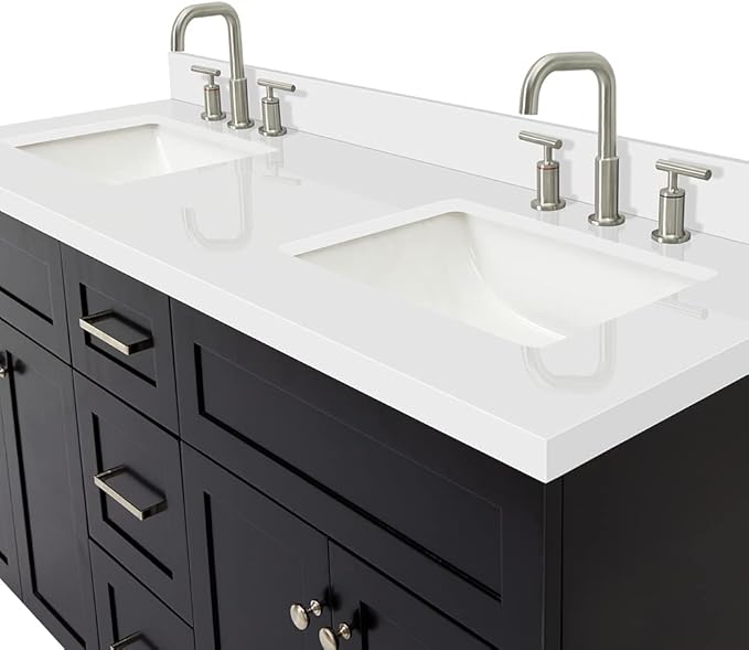 DKB Bradford 60" Double Black Bathroom Vanity with 1.5" Pure White Quartz Countertop, Rectangular Undermount Sinks, 2 Soft-Closing Doors, 3 Full Extension Dovetail Drawers