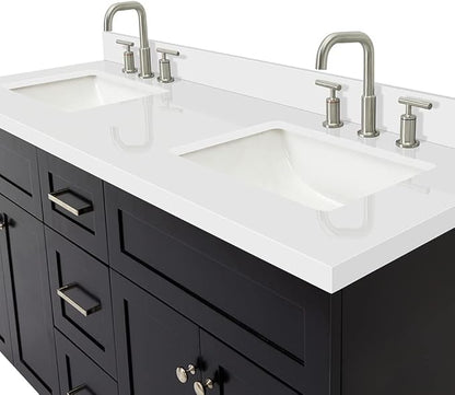 DKB Bradford 60" Double Black Bathroom Vanity with 1.5" Pure White Quartz Countertop, Rectangular Undermount Sinks, 2 Soft-Closing Doors, 3 Full Extension Dovetail Drawers