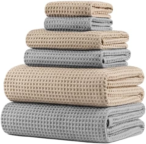 POLYTE 430 GSM Poly Blend Microfiber Quick Dry Waffle Bath Towel Set of 6