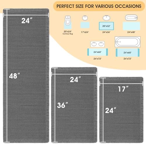 IM HOME Waffle Bath Mat Set 3 Piece Grey,Woven Modern Bath Rug Mats, Absorbent Non Slip Bath Floor Mat, Soft Washable Boho Bath Rugs with Tassels for Bathroom, Bedroom, Kitchen,Tub
