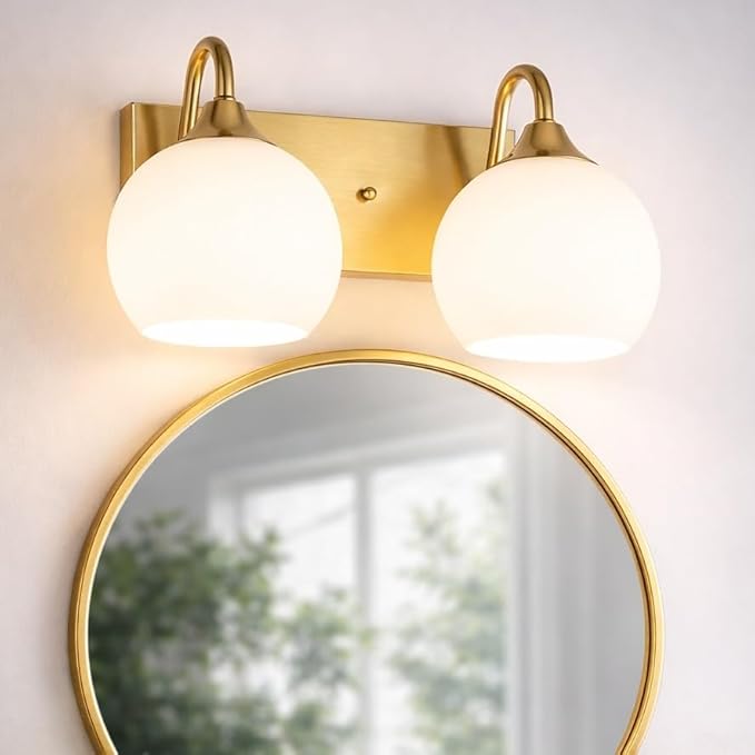 Emak Globe Bathroom Light Fixtures, Brushed Gold Vanity Lights with Milk Glass Shade, Modern 2-Light Wall Sconce for Bathroom, Mirror, VL118-BGD-ML-2