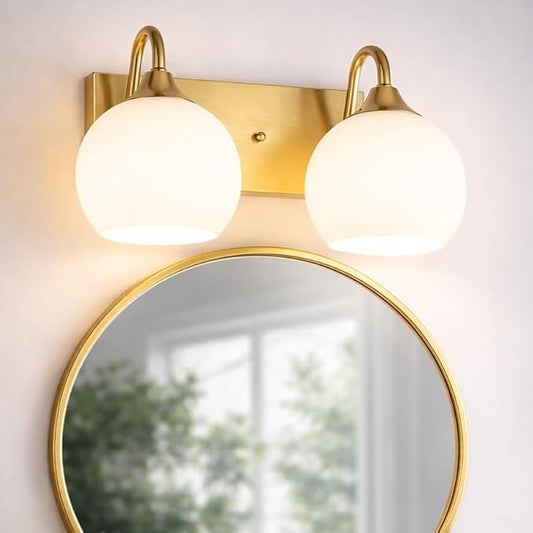 Emak Globe Bathroom Light Fixtures, Brushed Gold Vanity Lights with Milk Glass Shade, Modern 2-Light Wall Sconce for Bathroom, Mirror, VL118-BGD-ML-2
