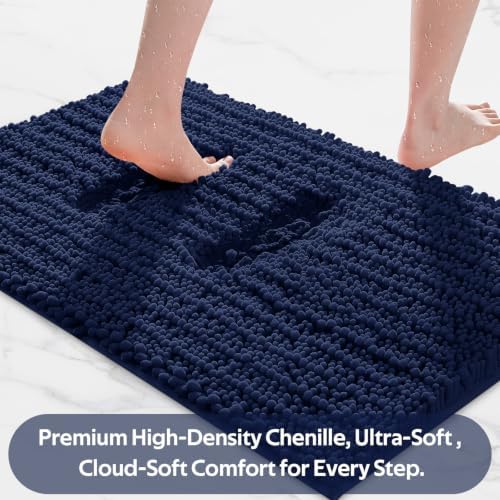 Upgrade Luxury 2 Piece Navy Blue Toilet Bathroom Rug Mat U Shape 24"x20"+48"x20", Ultra Soft Thick Absorbent Bath Mats, Non Slip Chenille Toilet Mat for Bathroom, Bedroom, Kitchen, Shower, Tub