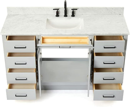 ARIEL Hepburn 60-inch Bathroom Vanity with Sink,Solid Wood, 0.75-inch Italian Carrara Marble Countertop, Single Rectangular Porcelain Sink, 2 Soft Closing Doors, 9 Dovetail Drawers, Grey