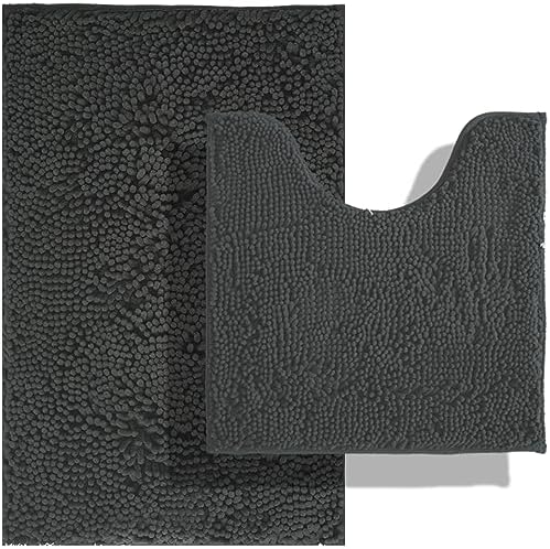 BOANKODU Bathroom Rugs Sets 2 Piece, Absorbent Bath Mat for Bathroom Very Soft Chenille Non-Slip, 32x20 Inch + 20x20 Inch U Shape Bathroom Mat, Machine Washable Bath Rugs (Grey)