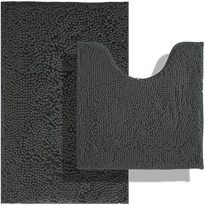 BOANKODU Bathroom Rugs Sets 2 Piece, Absorbent Bath Mat for Bathroom Very Soft Chenille Non-Slip, 32x20 Inch + 20x20 Inch U Shape Bathroom Mat, Machine Washable Bath Rugs (Grey)