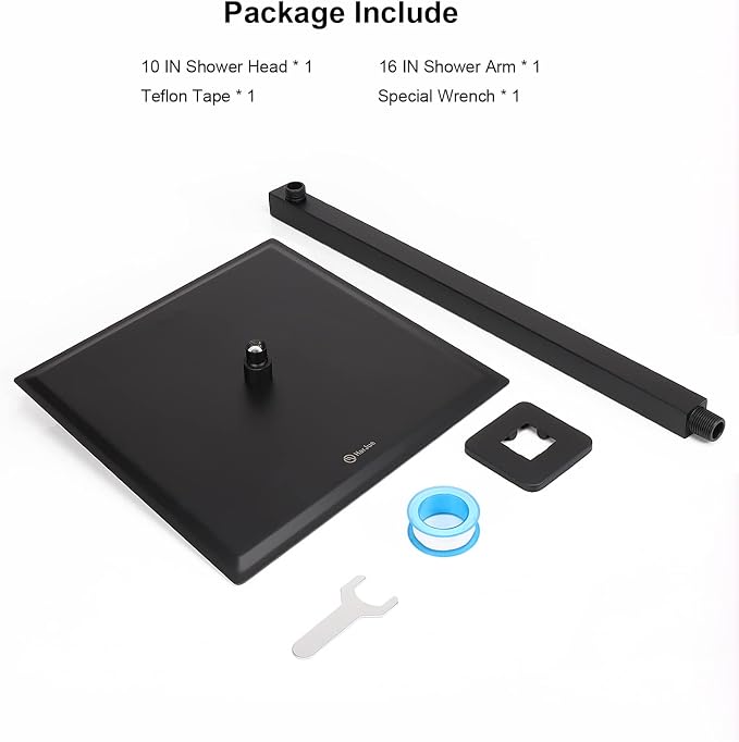 Shower Head with Extension Arm, High Pressure Square with ShowerArm, Stainless Steel Rainfall-Waterfall Full Body Coverage (10'' Shower with 16'' Arm, Matte Black)