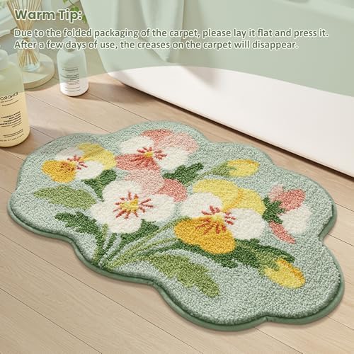Floral Pansy Bath Mat, Soft Non-Slip Plush Bathroom Rug with Colorful Flower Pattern, Ultra Absorbent Microfiber Shaggy Bath Rug, Machine Washable Decorative Floor Mat for Bathroom Bedroom (Green)