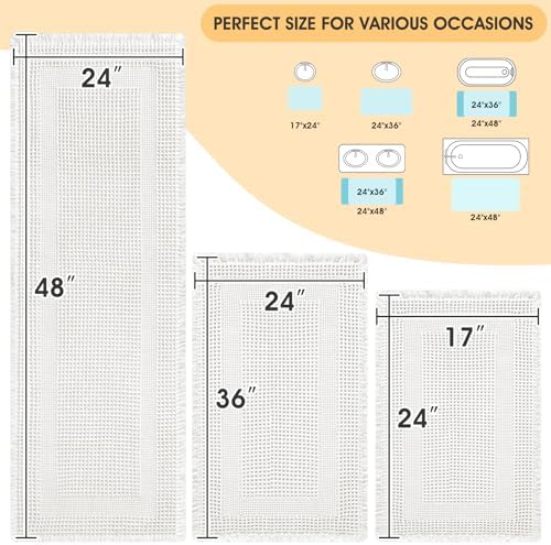 IM HOME Upgrade Waffle Bath Mat Set 3 Piece, Boho Bathroom Rugs Absorbent Non Slip, Soft Bathroom Mats, Machine Washable Knit Bath Rugs with Tassels for Bathroom, Bedroom, Kitchen, Shower, Tub, White