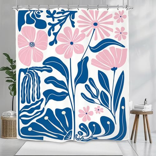 Pink Blue Matisse Flower Shower Curtain 60Wx72L Inch Abstract Retro Aesthetic Minimalist Vintage Art 70s Modern Bathroom Set Accessories Decor with 12 Pack Hooks
