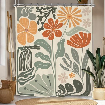 Retro Flower Matisse 70s Shower Curtain 60Wx72L Inch Colorful Groovy Vintage Trendy Funky Sage Green Orange Bathroom Set Accessories Decor with 12 Pack Hooks