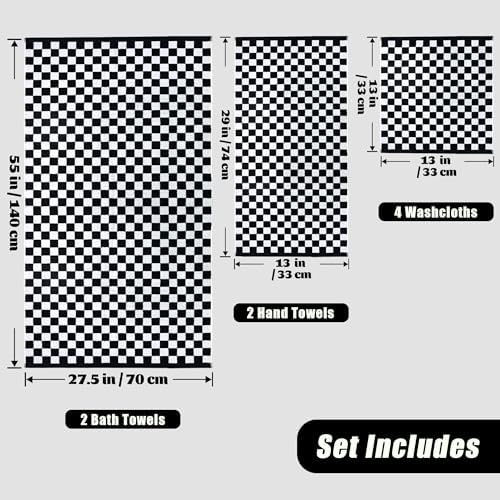 Black and White Towels Set of 8, Cute Checkered Towels for Bathroom Decor