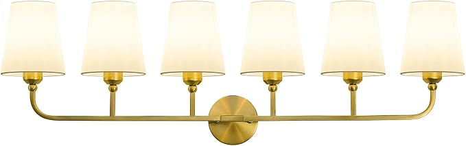 Bathroom Vanity Light, Brushed Gold Bathroom Lighting Fixtures Over Mirror | 6-Light Bathroom Light Fixtures with Flared White Fabric Shade, E26 Socket (ETL Listed)