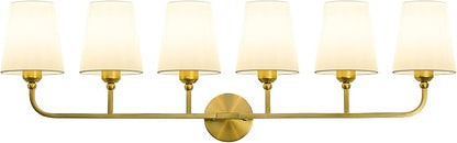 Bathroom Vanity Light, Brushed Gold Bathroom Lighting Fixtures Over Mirror | 6-Light Bathroom Light Fixtures with Flared White Fabric Shade, E26 Socket (ETL Listed)