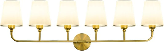 Bathroom Vanity Light, Brushed Gold Bathroom Lighting Fixtures Over Mirror | 6-Light Bathroom Light Fixtures with Flared White Fabric Shade, E26 Socket (ETL Listed)