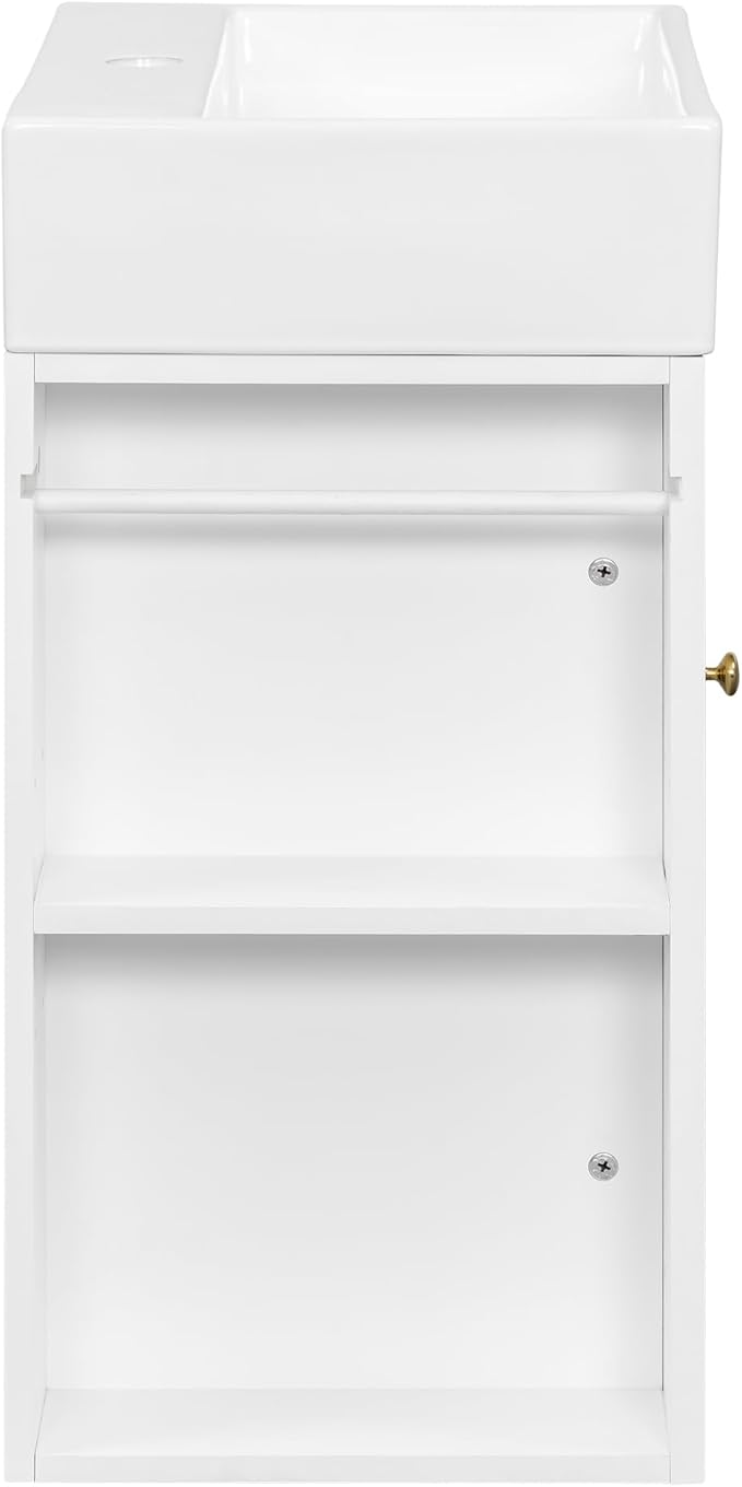 20" Floating Bathroom Vanity with Sink, Soft Closing Door,and Storage Shelves, Solid Wood Frame & MDF Modern Single Small Bathroom Vanity Cabinet with Open Shelf,Wall Mounted (White)