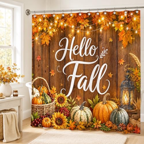 Fall Shower Curtain, Autumn Pumpkin Maple Leaves Sunflower Harvest Bathroom Curtain, Farmhouse Rustic Country Wood Waterproof Polyester Fabric Shower Curtain with Hooks, 72x72 Inch