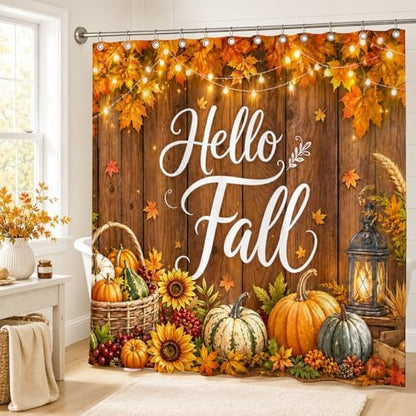 Fall Shower Curtain, Autumn Pumpkin Maple Leaves Sunflower Harvest Bathroom Curtain, Farmhouse Rustic Country Wood Waterproof Polyester Fabric Shower Curtain with Hooks, 72x72 Inch