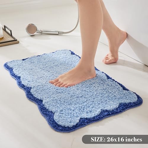 Ohocut Luxury Microfiber Bathroom Rugs, Navy Scalloped Piping Blue Bath Rug Cute Aesthetic Coastal Nautical Bath Mat for Bathroom, Tub, Floor, Sink, Shower, Anti Slip, Absorbent, 26x16