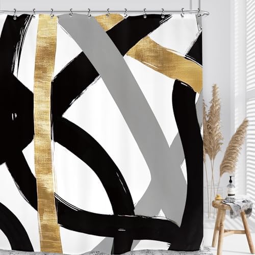 Abstract Modern Shower Curtain 60Wx72L Inch Black Gray Gold Minimalist Contemporary Art Geometric Neutral Bathroom Set Accessories Decor with 12 Pack Hooks