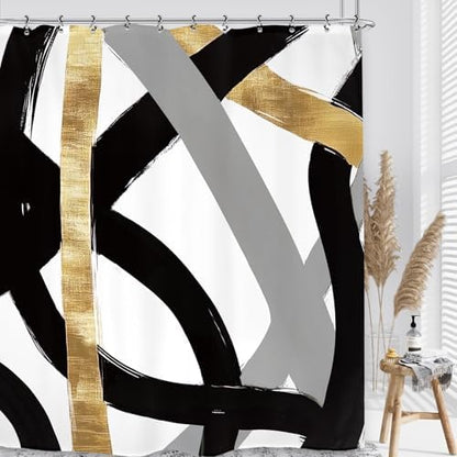 Abstract Modern Shower Curtain 60Wx72L Inch Black Gray Gold Minimalist Contemporary Art Geometric Neutral Bathroom Set Accessories Decor with 12 Pack Hooks