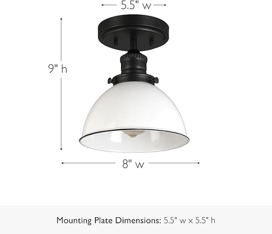 Design House Savannah Rustic Farmhouse Ceiling Light, Semi-Flush Mount, Dimmable, White Metal Shade, Matte Black, 8 in x 8 in x 9 in, 588319