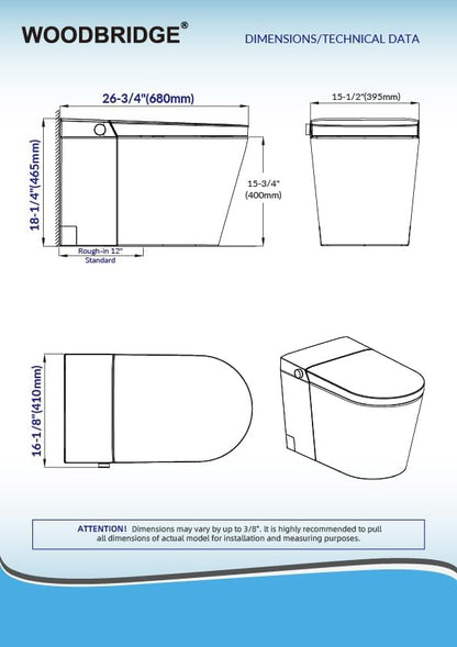 WOODBRIDGE Smart Toilet, Auto Open/Close Lid, Foot Sensor, Auto Flush, Heated Seat, Easy Installation, without Bidet,CHT002
