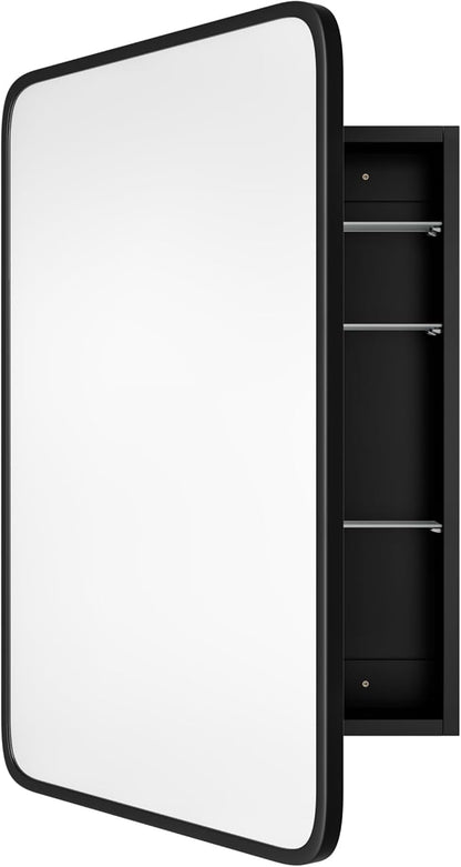 Vintage-Style Bathroom Wood Black Cabinet with 17.5''x29'' Black Metal Frame Curved Mirror, Recessed Medicine Cabinet, Bathroom Storage Cabinet