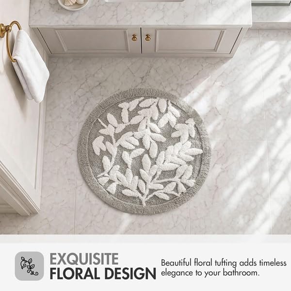 Madison Park Serene Tufted Bath Rug Cotton Absorbent, Round, Grey | Quick Dry, Soft Pile, Machine Washable, Floral Pattern, Plush, OEKO-TEX Certified