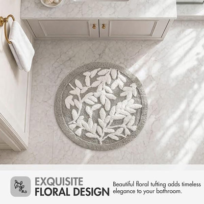 Madison Park Serene Tufted Bath Rug Cotton Absorbent, Round, Grey | Quick Dry, Soft Pile, Machine Washable, Floral Pattern, Plush, OEKO-TEX Certified