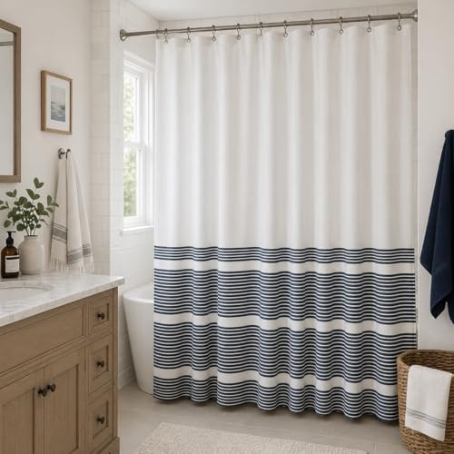 Serafina Home Nautical Striped Navy Denim Blue & White Shower Curtain