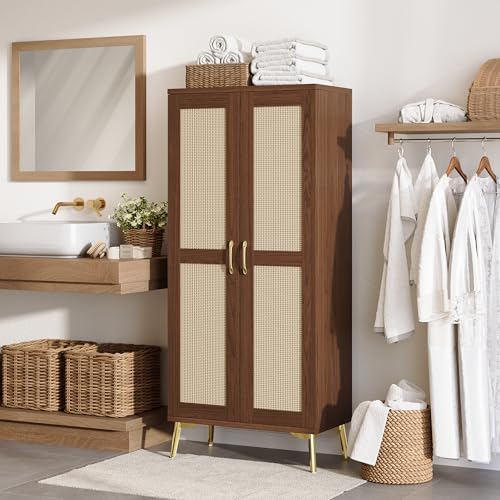 JASIWAY Tall Bathroom Storage Cabinet 57" Rattan Pantry Cabinet, Walnut