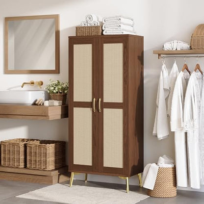 JASIWAY Tall Bathroom Storage Cabinet 57" Rattan Pantry Cabinet, Walnut
